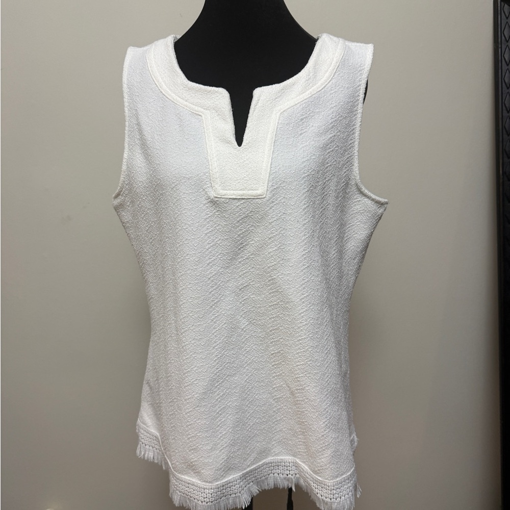 Liz Claiborne White Notch-Neck Fringe Tank